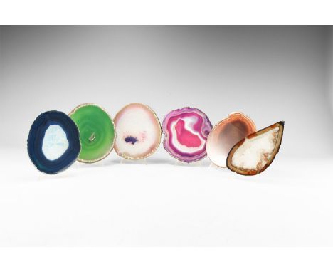 A group of six agate slices, polished on both sides in various colours, colour enhanced. See Bonewitz, Dr. Ronald Louis, Rock