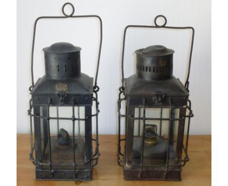 NEAR PAIR OF OIL LAMPS WITH PATENTED BURNERS FROM 1864, ONE LABELLED ALEX R KENYON & CO, LAMPMAKERS MANCHESTER (h: 39cm).  AL