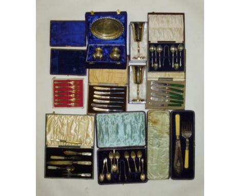 PLATED FISH KNIFE AND FORK BY WALKER & HALL TOGETHER WITH OTHER SETS/PART SETS OF PLATED FLATWARE