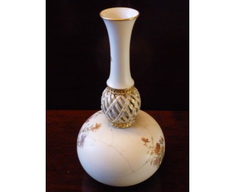 ROYAL WORCESTER PORCELAIN BLUSH IVORY GLOBE AND SHAFT VASE RETICULATED NECK WITH AESTHETIC GILT FLORAL PAINTED DECORATION (h: