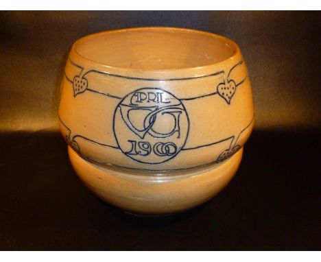 ARTS AND CRAFTS DOULTON STONEWARE CACHE POT, INCISED DESIGN WITH OWL DECORATION AND APRIL VG 1900. DESIGNED BY WILLIAM J. NEA