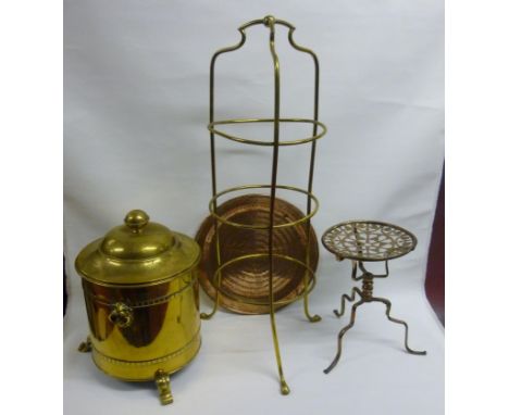 BRASS FRETWORK CIRCULAR TRIVET ON TRIPOD STAND (h: 31.5 cm), THREE TIER BRASS PAN HOLDER (h: 84.5 cm), COPPER TRAY AND A LIDD