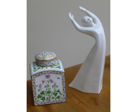 STAFFORDSHIRE TEA CADDY AND ROYAL DOULTON AWAKENING HN 2875 ALONG WITH TWO COMMEMORATIVE MUGS (EMMA BRIDGEWATER HURRAH FOR WI