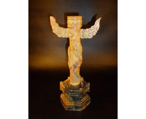 A CHINESE CARVED SOAPSTONE CANDLESTICK WITH A DRAGON ON A HEXAGONAL DASE (h: 30.5 cm), TWO SEALS, SILVER PLATED CHINOISERIE D