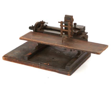 Linear Dividing Engine C.1880, English, unsigned, on mahogany baseboard, large vernier adjustment wheel to long screw thread,