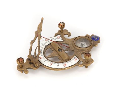 A Chinese Compass Sundial,  in cast brass with string gnomon and enamel hours and compass rose