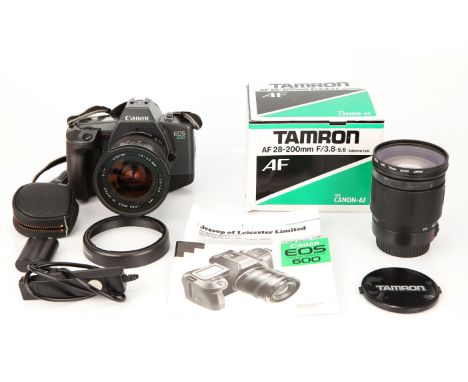 A Canon EOS 600 SLR Camera, with Cosina AF f/3.5-4.5 16-35mm and Tamron AF f/3.8-5.6 28-200mm lenses, lenses in maker's boxes