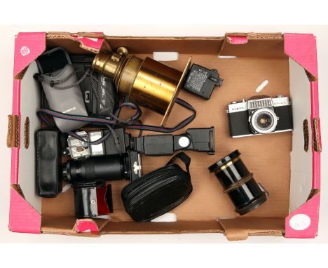 A Selection of Various Cameras &amp; Accessories, including unmarked brass lens, brass magic lantern lens, Carl Zeiss Jena bi