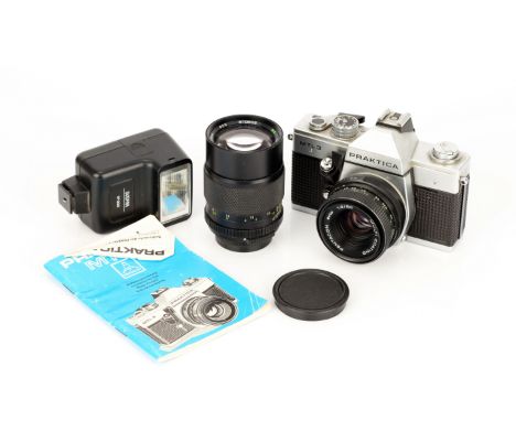 A Praktica MTL3 SLR Camera, with Oentacon f/1.8 50mm and Magnon f/2.8 135mm lenses, in case (a lot)