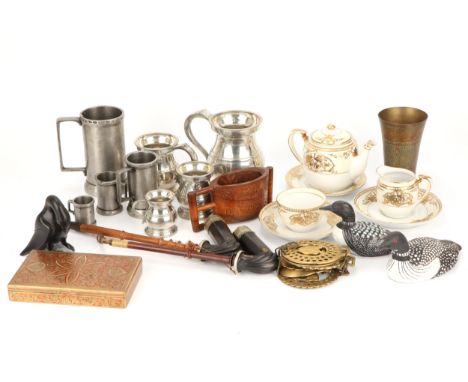 A Collection of Decorative Items, including English and French pewter measures, horse brasses, Noritake porcelain, Inuit ston