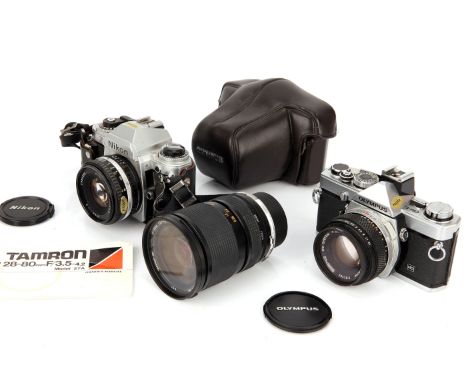 A Nikon FG SLR Camera, together with an Olympus OM-1n, both with f/1.8 50mm lenses, complete with additional Tamron SP lens (