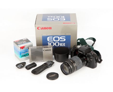 A Canon EOS 100 SLR Camera, with EF f/4-5.6 75-300mm lens, together with Kenko Teleplus Pro 300 adaptor and other accessories