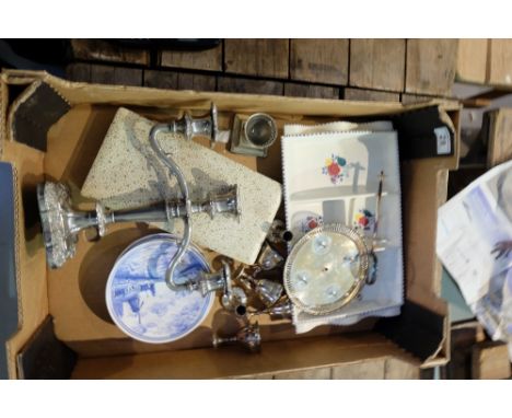 A collection of items to include large pottery serving dish, silver plated candelabra, poole pottery side plates etc.