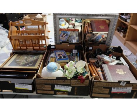 A collection of mixed items to include vintage fishing tackle, 3 piece brass topped walking stick, leather cased chess and ba