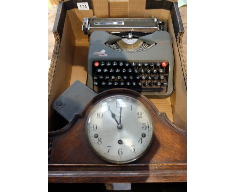 Oak Charles Groves Shrewsbury mantle clock, mechanical empire typewriter and brownie camera (3) 