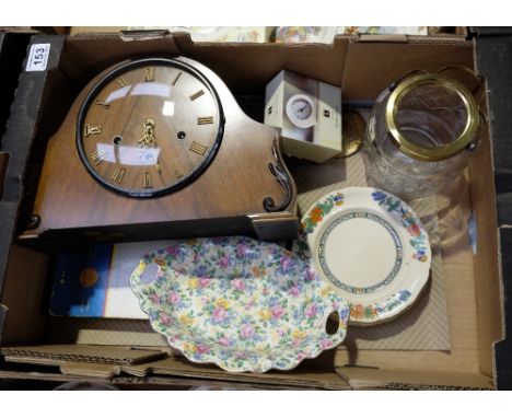 A collection of items to include Art Deco chiming mantle clock, records, glass crystal biscuit barrel etc (11)