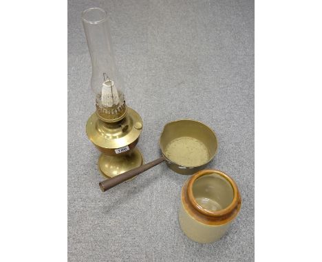 A collection of items to include Brass cooking pan, Aladdin Oil lamp with chimney and stoneware storage jar (3)