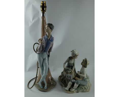 Nao lamp base of a large figure of a male dancer holding a rose height 47cm and Nao figure of Large group of a farm girl and 