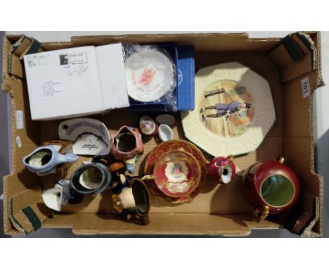 A collection of pottery items to include Wedgwood seriesware plate, Burleigh toby jugs, Carletonware vase etc 