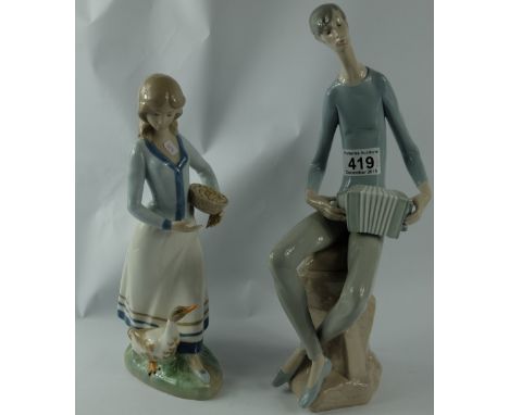 Nao 'Boy with Accordion' height 36cm and Large Rex figure of a young woman carrying a filled bowl with duck at her feet, heig