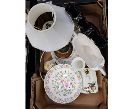 A collection of items to include Aynsley lamp, Minton footed bowl, Beswick butter dish, vase, Brambly Hedge plates, Royal Dou