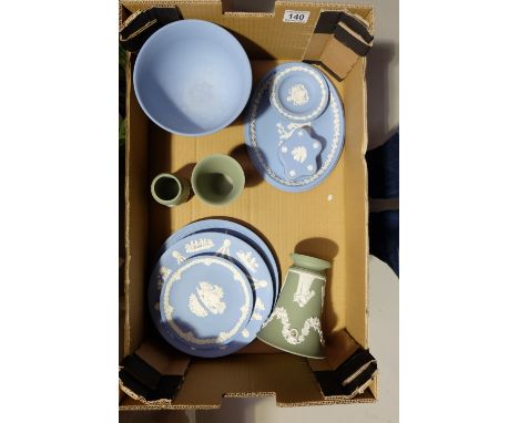 A good collection of Wedgwood items to include large footed bowl, sage green vases, trinket boxes, Christmas Plates, Royal Do