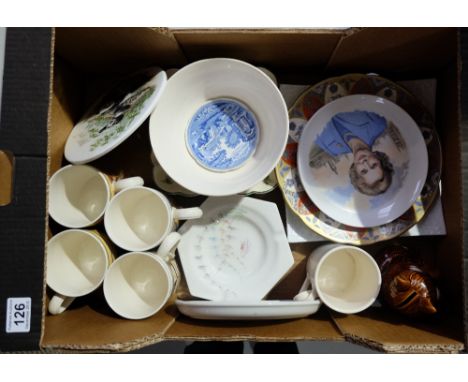 A collection of mixed items to include Winthrop and Swan Decorated mugs, plaque and square dish, Leeds Ware bowl and mug, Spo