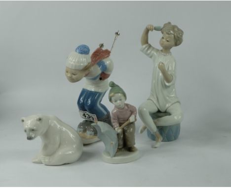 A collection of figures to include Wagner & Appelt Boy holding an umbrella being blown by the wind (chips to umbrella spikes)