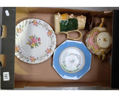 A collection of mixed pottery to include Woods Philpott toby jug, Art deco teapot, Grimwades hand decorated plates etc 