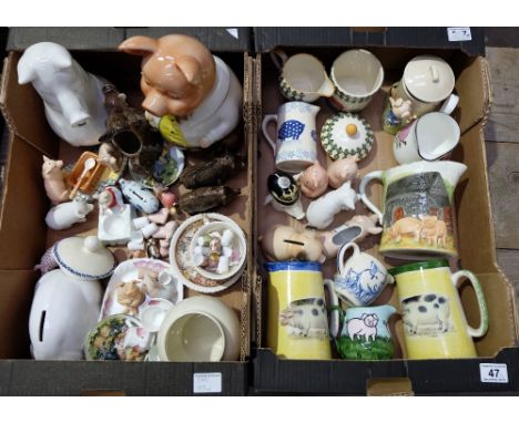 A collection of pig related items to include Goebel figures, embossed jug, condiments sets, thimbles, moneyboxes etc (2 trays