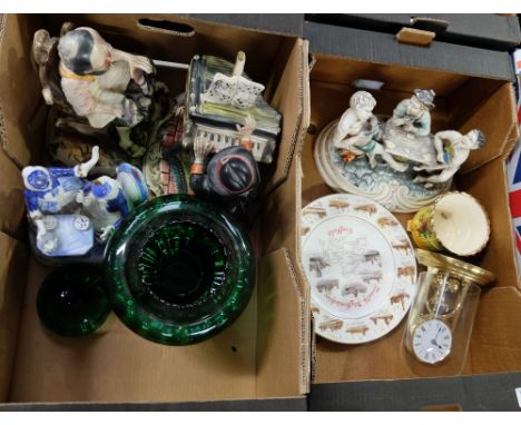 A collection of pottery figures in capodimonte style, large glass bowl, carriage clock and oriental plate (2 trays) 
