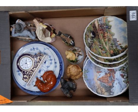A collection of items to include Beswick Curled Fox (hairline to base), Wedgwood cornucopia mantle clock, Royal Copenhagen pl