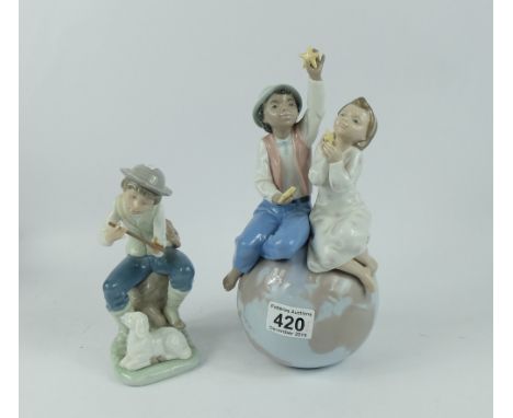 Lladro 6353 A World of Love (for Unicef), rare figure, height 24cm (missing finger on one figure) and Nao Shepherd Song (two 