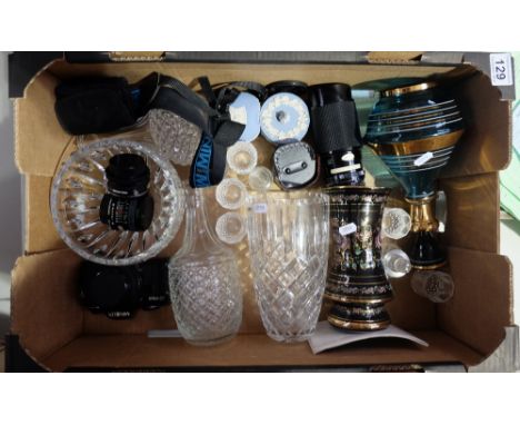A collection of mixed items painted glassware, crystal items, jasperware, trinket boxes, SLR Cameras etc