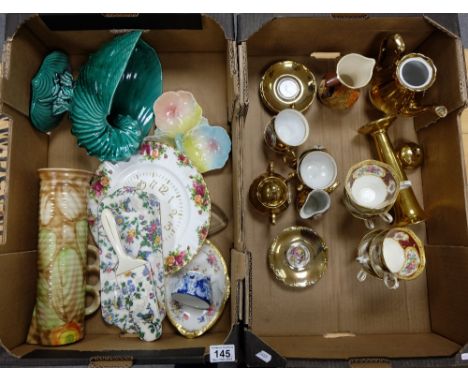 A collection of mixed items to include Royal Albert Lady Hamilton cups, gold small tea set, Wedgwood nautilus vase, Royal Art