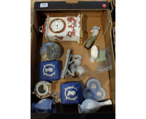A collection of pottery items to include Masons Red Mandalay clock, soap stone figures of horses, Wedgwood Jasperware items, 