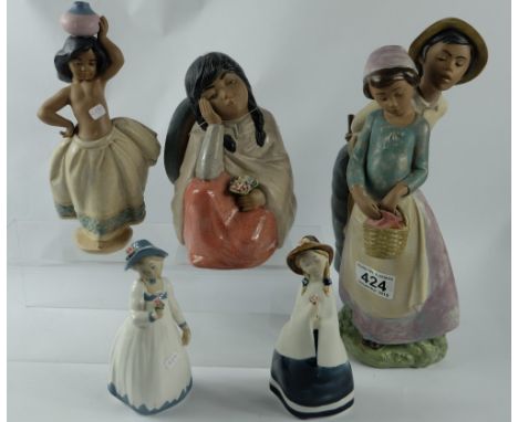 A collection of figures to include Lladro Little Peasant Girl (white), Rex figures of Girl with flower X2 (one Gres) and Marc