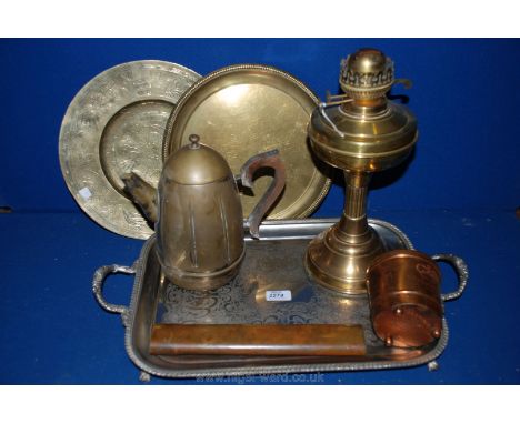 A silver plated two handled Tray, brass oil lamp, two brass plates, brass coffee pot, copper tea canister, etc