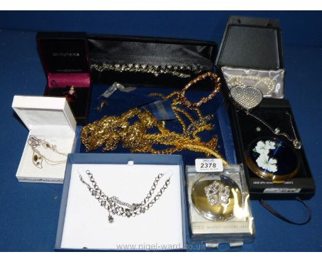 Miscellaneous costume Jewellery including coloured jewelled bracelet, M&S items, gilt coloured chains, compacts, silver neckl