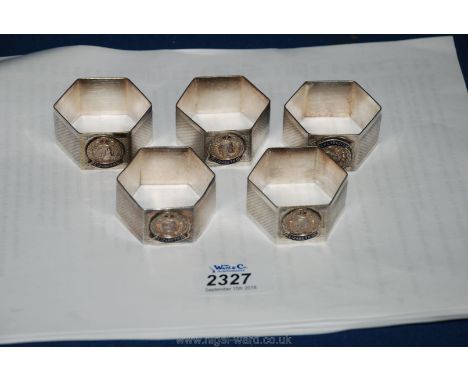 A set of five QEII Coronation engine turned and enamel napkin rings