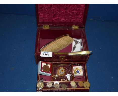 A red leather jewellery case with micro mosaic brooch, silver and enamel brush, etc