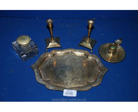 A brass tray, chamber stick, inkwell and a pair of small candlesticks