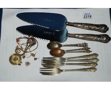 Two silver handled cake slices, four apostle spoons and four silver forks with miscellaneous costume jewellery