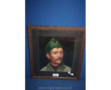 A Portrait of a soldier in a green cap, Oil on board