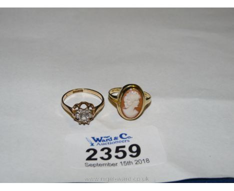 A 9ct gold white stone ring and a 9ct cameo ring