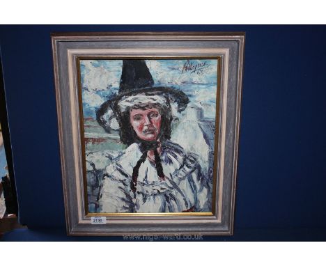 Royston Hopson (Welsh 1927-2003): Portrait of a woman in a Welsh Hat, Oil on board