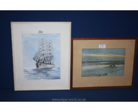 A Watercolour of a Tall Ship in full sail, signed lower right R. Reed '89 and a Peter Scott Print of Geese dated 1940