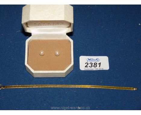 A pair of 9ct gold simulated pearl Earrings and a 9ct gold fine chain Bracelet 2gm