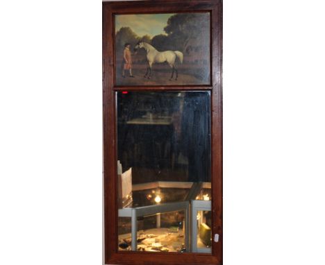 A trumeau mirror, the upper panel decorated with an equine study in the style of Stubbs, H. 85.5cm, together with a pair on p