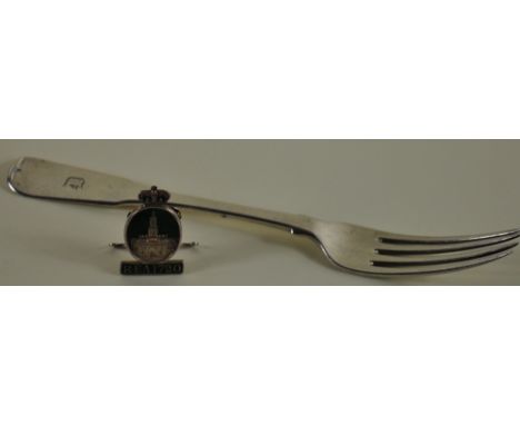 A Georgian silver fork, together with a silver enamelled menu holder (Armed Forces)